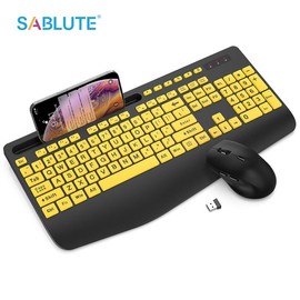 SABLUTE Wireless Keyboard and Mouse Combo - Full-Sized Ergonomic Keyboard with Wrist Rest, Phone Holder, Sleep Mode, Silent 2.4GHz Cordless Keyboard Mouse Combo for Computer, Laptop, PC, Mac, Windows - Color: Yellow