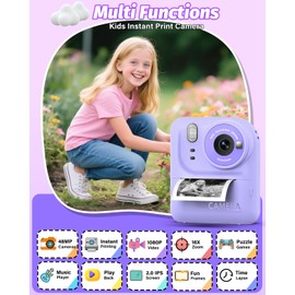 Teslahero Kids Camera Instant Print Photo, Portable Thermal Printing Camera Toy with HD Digital Video, for 3-12 Years Old Boys Girls, Creativity & Learning (Purple)