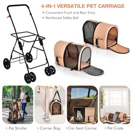 Giantex Double Pet Stroller with 2 Detachable Carrier Bags, Safety Belt, 4 Lockable Wheels, Folding Cat & Dog Stroller for Small Medium Pets, Cats Dogs Puppy Travel Strolling Cart (Beige)