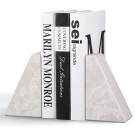 Marble Bookends for Heavy Books, Decorative Book Ends for Shelves, Durable and Heavy-Duty Bookends for Hardback Book & CDS, Off-White Unique Books Stopper & Holder, Set of 2