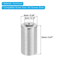 PATIKIL M3 Aluminium Spacer, 6 Pieces Metal Spacer Aluminium 3 mm ID x 6 mm OD x 12 mm L Thread Spacer Screw Spacer Round for RC Car, Silver