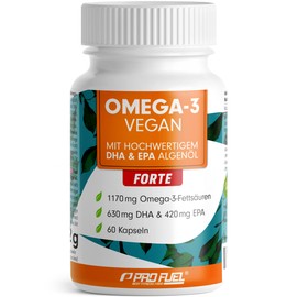 Omega-3 Vegan Forte - 60 Capsules - 2000 mg Algae Oil per Day - High Dose with 630 mg DHA + 420 mg EPA - Vegan Omega-3 Algae Oil Capsules - DHA:EPA Ratio 3:2 - Laboratory Tested with Analysis