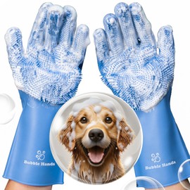 Bubble Hands Dog Washing Gloves with Bristle Scrubbers, Reusable Silicone Gloves Ideal for Pet Bathing, Massaging & Grooming (Blue)