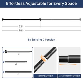ENJOYBASICS Adjustable Spring Tension Curtain Rods 32 to 78 Inches, Stainless Steel Matte Black Shower Rod No Drilling for Window, Bathroom, Closet, Room Divider, 7/8" Diameter, 2 Pack
