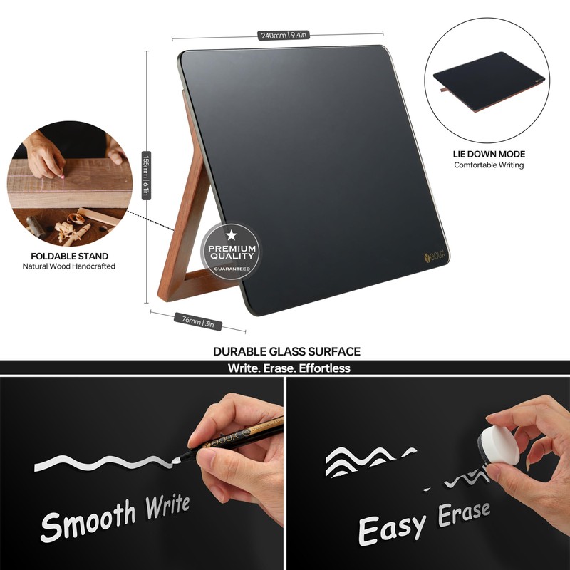 Black Glass Desk Whiteboard with Reversible Wood Stand, Small Portable