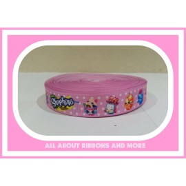 7/8  INCH SHOPKINS AND LIGHT PINK POLKA DOT GROSGRAIN RIBBON- 1 YARD