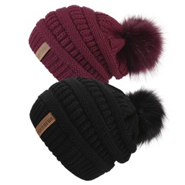 Queenfur Knit Slouchy Beanie for Women Thick Baggy Hat Faux Fur Pompom Winter Hat