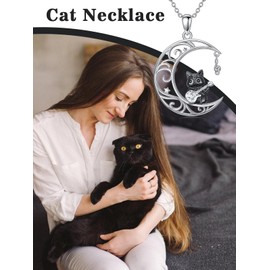Cargari Black Cat Necklace for Women, 925 Sterling Silver Moon Cat Pendant Musical Note Necklace, Birthday Christmas Cat And Music Lover Jewelry Gifts for Women Daughter