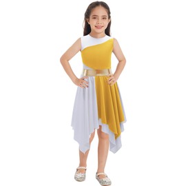 Sinleey Girls Ballet Praise Modern Lyrical Dance Dress Metallic Sleeveless Asymmetrical Hem Dress Performance Costume Yellow A 14 Years