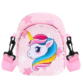 WAWSAM Girls Unicorn Crossbody Bags Kids Small Cross Body Bags Sparkly Sequins Crossbody Bags with Adjustable Straps for Little Girls Daily Use Kids Unicorn Gifts Girls Birthday Gift