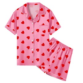 Umeyda Women's Satin Pajamas Set, 2 Piece Silk Pajamas Sets Sleeve Button Down Sleepwear 2 Pjs Lounge Sets, Heart Hot Pink, Small