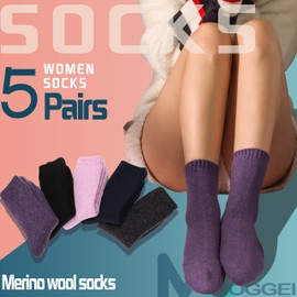 MOGGEI Womens Merino Wool Socks for Hiking Winter Warm Thick Thermal Crew Cozy Cabin Ladies Gift Comfy Boot Work Socks 5 Pairs(Warm Color C)