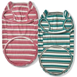Knuffelen Dog Shirts Vest Cotton Striped T-Shirt, Sleeveless Stretchy Pet Clothes for Small Dogs, 2-Pack Soft Breathable Puppy Tank Top Cat Tee (X-Large, Pine Green,Plum Red)