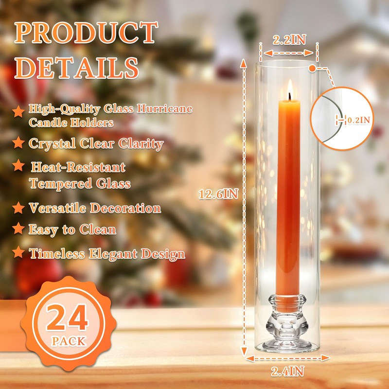 24 Set Hurricane Glass Candle Holders Bulk, Windproof Glass Covers