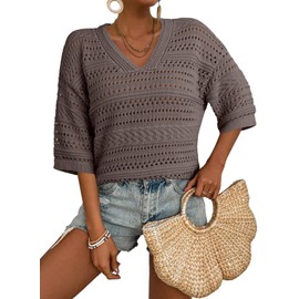 Acelitt Short Sleeve Sweaters for Women 2025 Summer Fashion Trendy Knitted Crochet Tops Beach Vacation Clothes Cruise Outfits Resort Wear Goat Medium