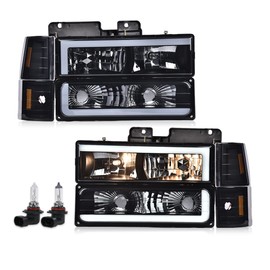 PIT66 Corner Headlight Bumper Lamp w/LED Strip Light,Compatible with 1994-1998 Chevy C10 C/K 1500 2500 3500 Fit 94-99 Chevy Tahoe Suburban Halogen Headlamp Replacement
