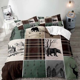LUVIVIHOME 3PCS Cabin Rustic Bedding, Black Bear Duvet Cover Full, Farmhouse Bedding, Deer Elk Moose Forest Animal Wildlife Lodge Quilt Bedspread Sage Green Brown Plaid Comforter Cover, 2 Pillow Shams