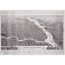 Historic Pictoric Map : Green Bay, Wisconsin 1893, Green Bay and Fort Howard, 1893 Looking South, Antique Vintage Reproduction : 24in x 16in