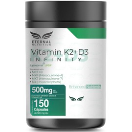 VITAMIN K2+D3 INFINTIY Liposomal 150 capsulas (500mg por porcion) Complejo de Vitaminas K2 (MK4 y MK7) + Vitamina D3 con MCT OIL y Folato, by Eternal Nutrition - Ingredientes Naturales Premium de USA