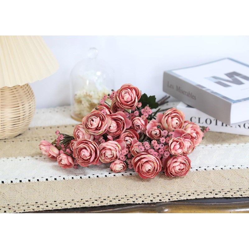 UUXX Pink Ranunculus Artificial Flowers 5 Bouquets Fake Silk Mini