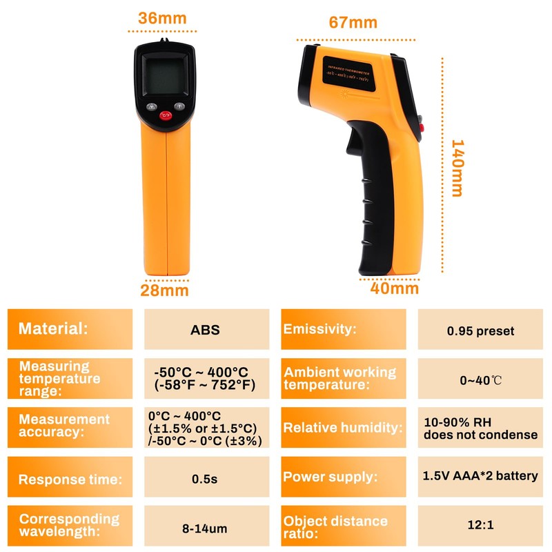 DEWIN Infrared Thermometer -50°C~400°C Real Time Temperature Display Suitable for