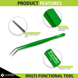 Cynamed 10” Kitchen Premium Tongs Tweezers Stainless Steel, Long with Precision Serrated Tips (Green, Angular)