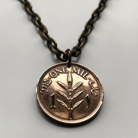1939 Palestine 1 Mil coin pendant WWII era olive wreath Hebron West Bank Nablus Gaza Strip Rafah Deir al-Balah Al-Bireh Abu Dis Tubas Jerusalem Bethlehem Ramallah Jenin Qalqilya Hebrew Israel n000995