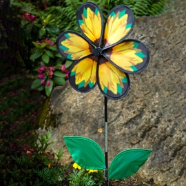 In the Breeze 6-Petal Flower Spinner with Leaves, 13.5-Inch Sunflower Spinner with Leaves, 2644 Realistic Printed Flower Spinner