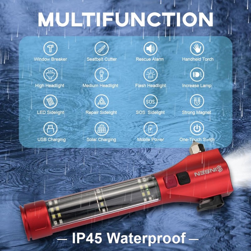 SINSEN Emergency Flashlight for Car, Seatbelt Cutter Window Breaker, 16-in-1