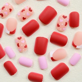 OHWODA French Tip Valentine’s Press on Nails Short Square Fake Nails with Red Pink Heart Design Valentine’s Day Glue on Nails Full Cover Small Hearts Stick on Nails for Women Nail Art Decorations