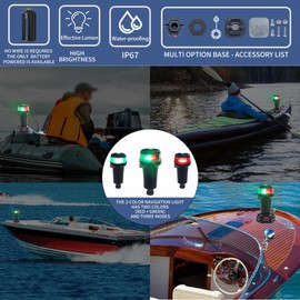 CLGMarine Kayak Battery Portable Navigation LED Lights Multi- Adaptors 3AA Battery Inflatable Boat Surface Mount Adhesive Base (Red/Green (With Fixed Base))