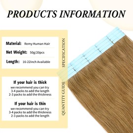 22 inch Tape in Hair Extensions Human Hair Invisible Straight Tape Hair Extensions for Women 20 Pcs/50g Seamless Skin Weft Real Hair Extensions Tape ins Human Hair #8 Light Brown