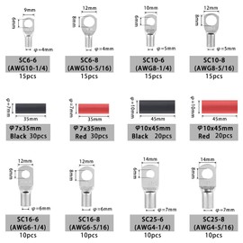 Knpwer Pack of 200 Tubular Cable Lugs Set, Cable Lugs, Bolt Hole Cable Lugs, Ring Terminals, with Heat Shrink Tubing Insulating Sleeves