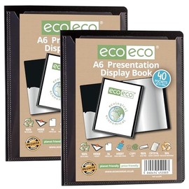 eco-eco A6 Size 50 Percent Recycled 40 Pocket Black Presentation Display Book, Storage Case Portfolio Art Folder with Plastic Sleeves, Pack of 2 Folders, eco200x2