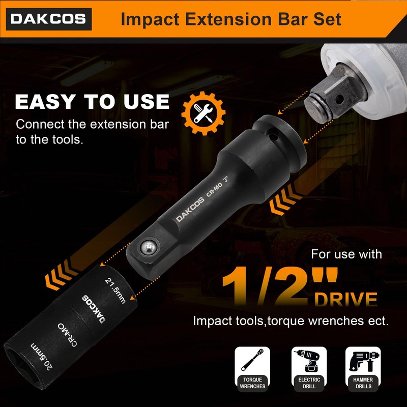 DAKCOS 1/2" Impact Socket Extension Bar Set, 3 Pieces Extensions