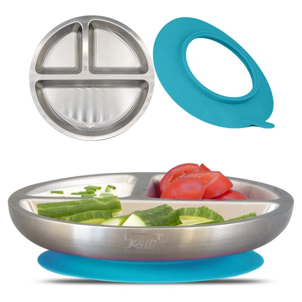 Rilli Stainless Steel Suction Cup Plate Non-Slip Baby Tableware Baby Suction Cup Tableware (Petrol)