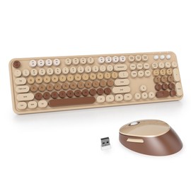 GTSP Retro Wireless Typewriter Keyboard and Mouse Combo, 2.4GHz Full-Size Cute Office Computer Keyboard with Round Keycaps for Desktop Laptop and PC (Colorful Brown)