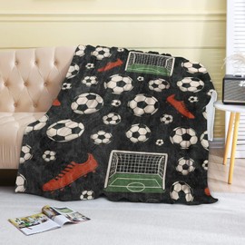 coedoaes Soccer Sport Fleece Blanket,50x60in,Red Cleats Green Goals Balls Black Throw Blankets,Soft Cozy Lightweight, Ideal for Bed Living Room Home Game Day Decor,Adult Gifts