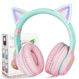 AXFEE Kopfhörer Kinder, Kinderkopfhörer Bluetooth, Mädchen Katzenohr Kopfhörer Over-Ear mit LED-licht Faltbare Stereo Kopfhörer Kabellose, Kopfhörer Kinder mit Mikrofon, für Handy/Tablet/PC