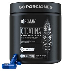 BIRDMAN Creatina Monohidratada de Alta Pureza en Cápsulas | Pre Workout y Post Workout | Sin Cafeína | Sin Gluten | Sin Azúcar | Sin Sabor | 50 Porcio