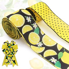 ALIBBON 2 Rolls 2.5" × 5 Yd Summer Lemon Wired Ribbon Summer Flower Burlap Ribbons Fruits Ribbon Flaxen Yellow Dots Ribbon for Summer Wreath DIY Crafting Gifts Wrapping Party Decoration