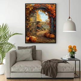 Fall Pumpkin Cart Leaf Door Diamond Art Kits for Adults, 5D Diamond Painting Kits for Adults Beginners, DIY Full Round Drill Diamond Dot Painting Gem Art Kits for Adult, Home Wall Decor 11.8x15.7 Inch