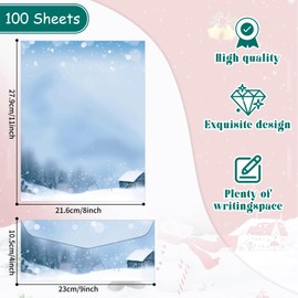 Lonfliness 100 PCS Beautiful Winter Letterhead Blue Christmas Border Computer Paper Snowflake Stationery paper for Note Letters to Santa Holiday Printer Paper Invitations Office School 8.5 x 11 In