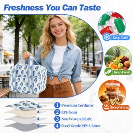 TIFFYONEK Aesthetic Corduroy Insulated Lunch Bag for Women, Floral Block Print Lunch Box with Pocket, Spacious Boho Reusable Cooler Tote for Work, School, Nurse Gift & Picnic, Leakproof (Blue White)