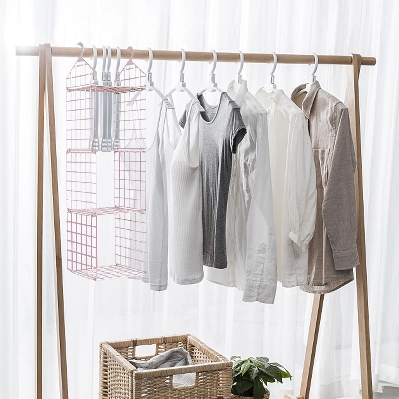 Hanging Closet Organizer 3 Tier Pink Storage Shelf Minimalist Grid