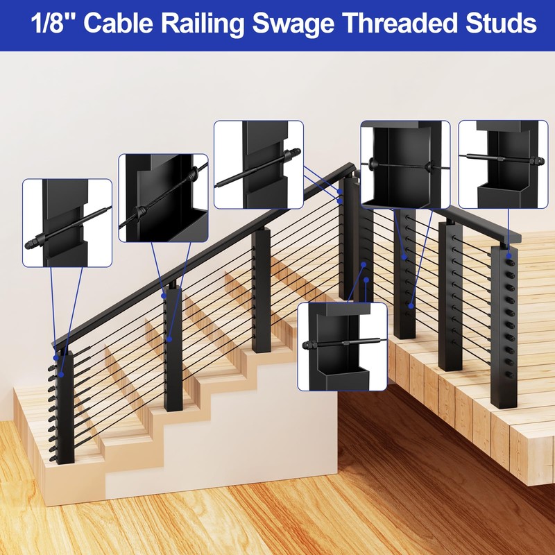 BLIKA 60 Pack Black Cable Railing Swage Threaded Stud Tension