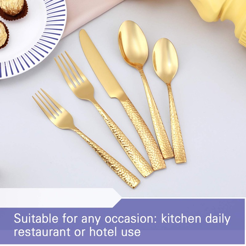 Kelenfer Silverware Set Flatware Set Gold Hammered Handle Cutlery Set