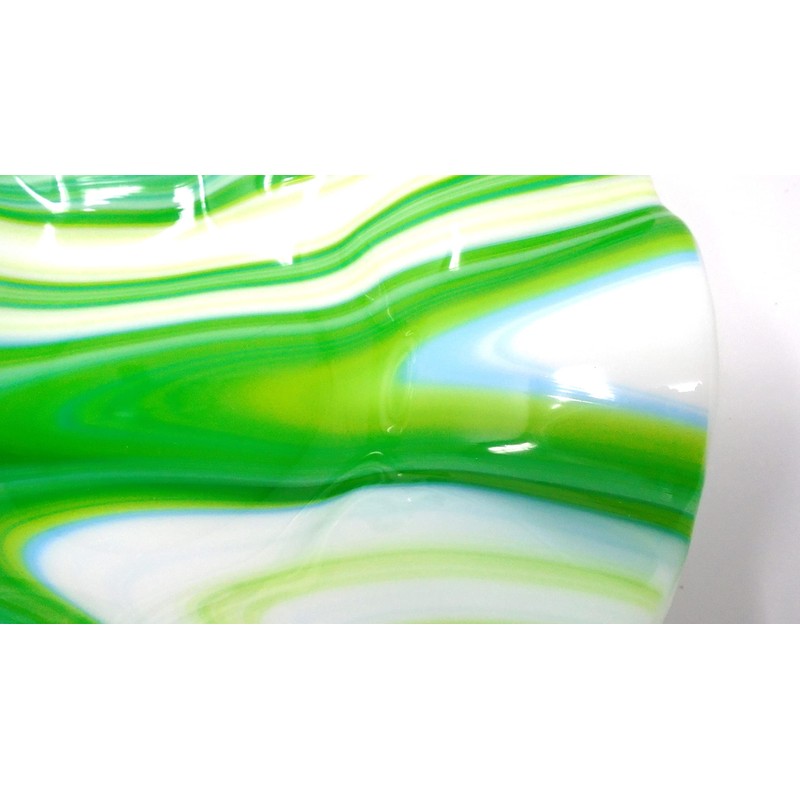 Swirled Green White and Blue Ruffled Bowl 11.5 inch Handcrafted