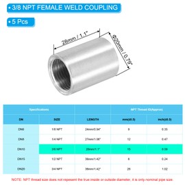 PATIKIL 3/8" NPT Female Weld Coupling, 5 Pack 304 Stainless Steel Threaded Half Coupling Weld On Bung Fittings Connector for Pipe Fuel Tank