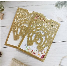 Cylallen 50Sets Glitter Gold Quinceanera Invitation Sweet Fifteen Party Invitation Glitter Horse DIY Laser Cut Western Wedding Cards Just Invitation Cards